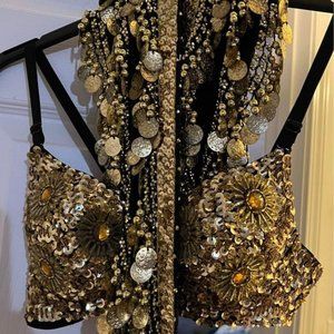 Gold belly dance costume bra & hip scarf - professional dancing costume